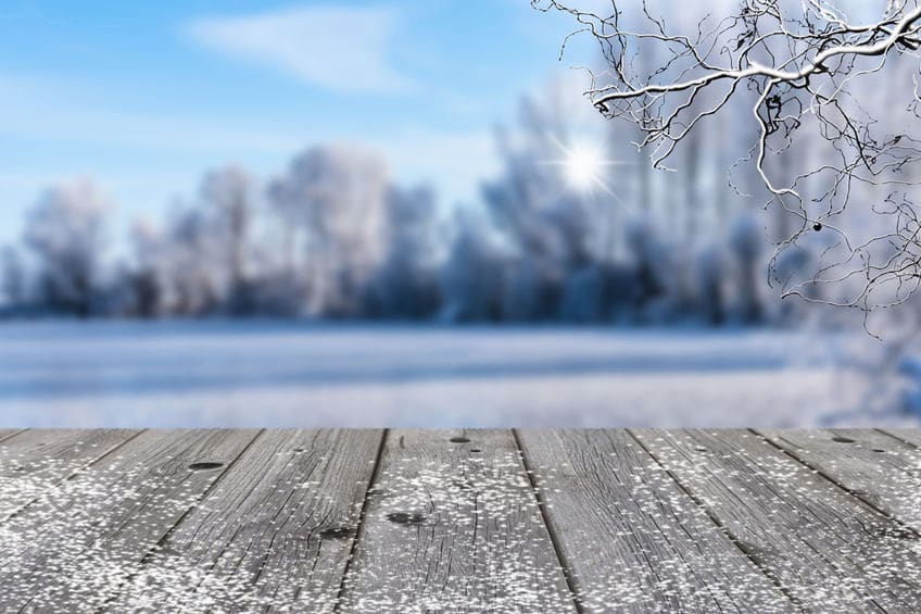 Wood deck leading to a snow field